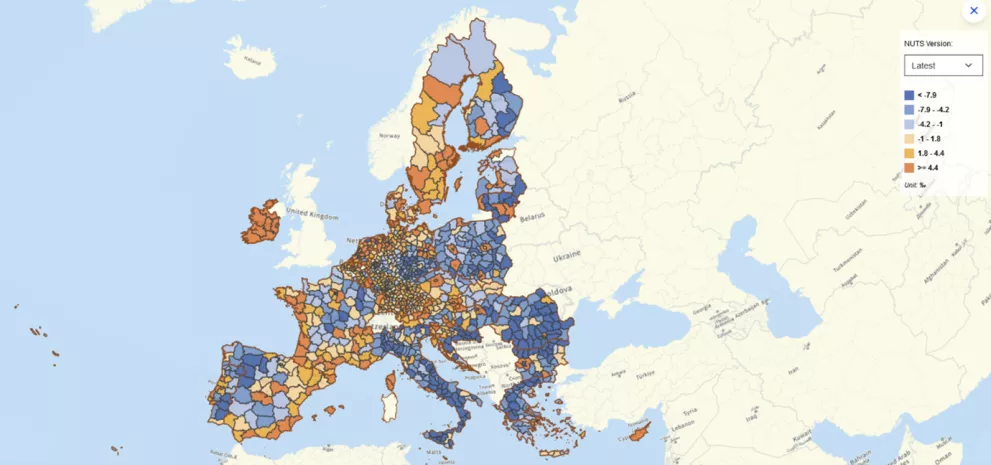 Map of total crude rate of population change (2000-2020) – NUTS3 level