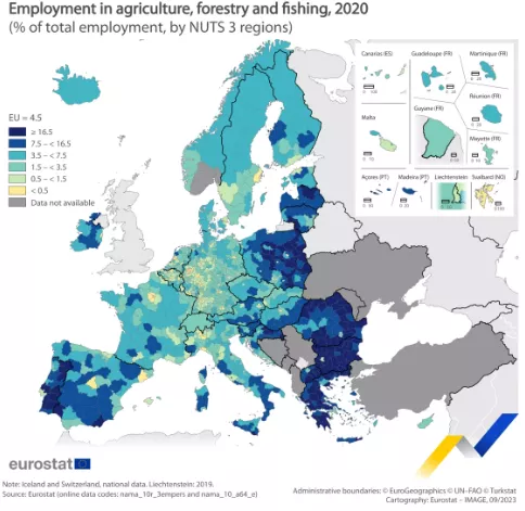 Eurostat - Employment in agriculture, forestry and fishing, 2020