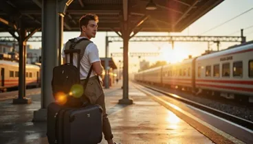 Young backpacker waiting for his train in a station