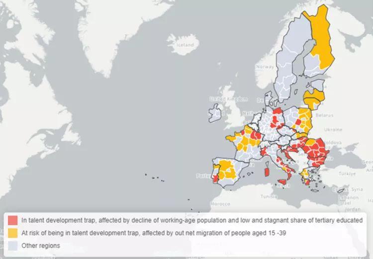 Map of regions with declining working age population